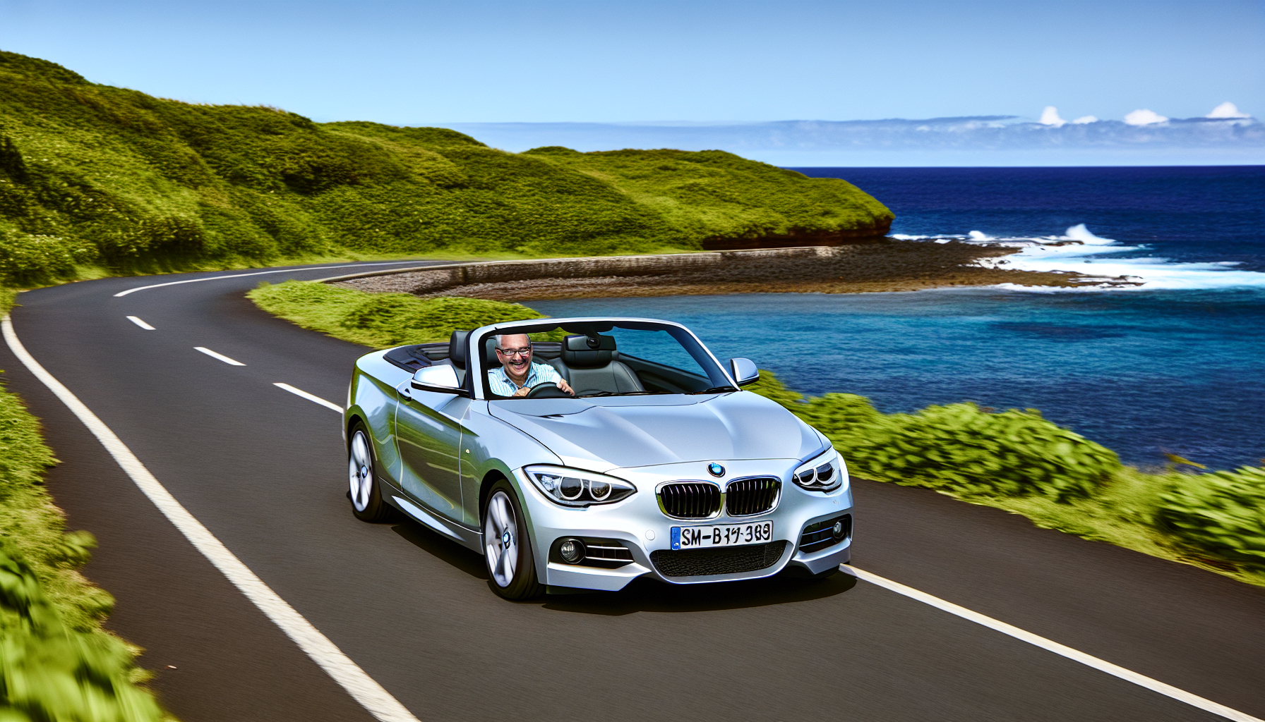 A stylish BMW 1 Series Convertible driving on a scenic road